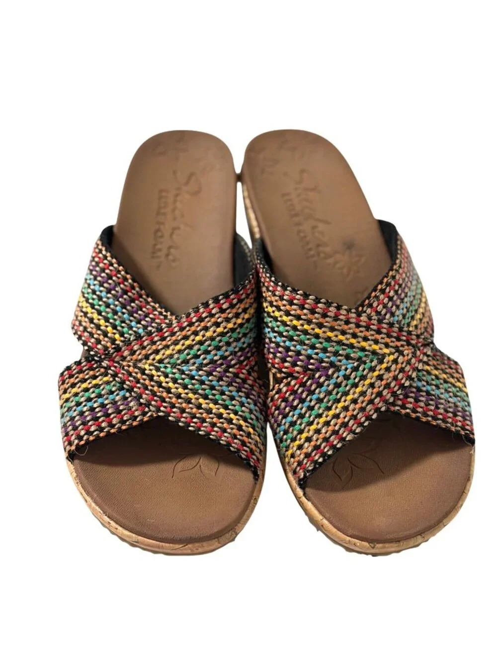 Skechers Womens Size 7 Multicolor Beverlee Cork Wedge 3 in Heel Slide Sandals Sh